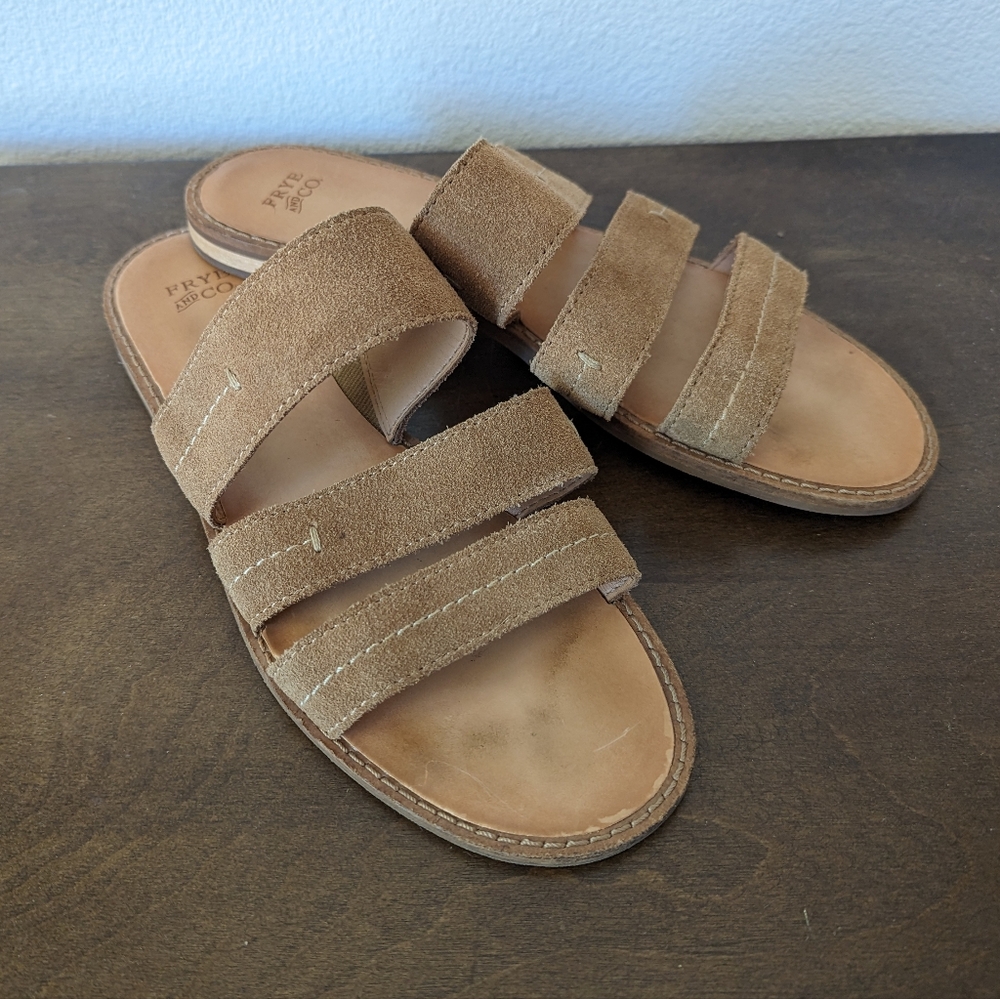 Frye and Co. Evie Three Band Tan Faux Suede Slides Women's Size 7 - Picture 2 of 10